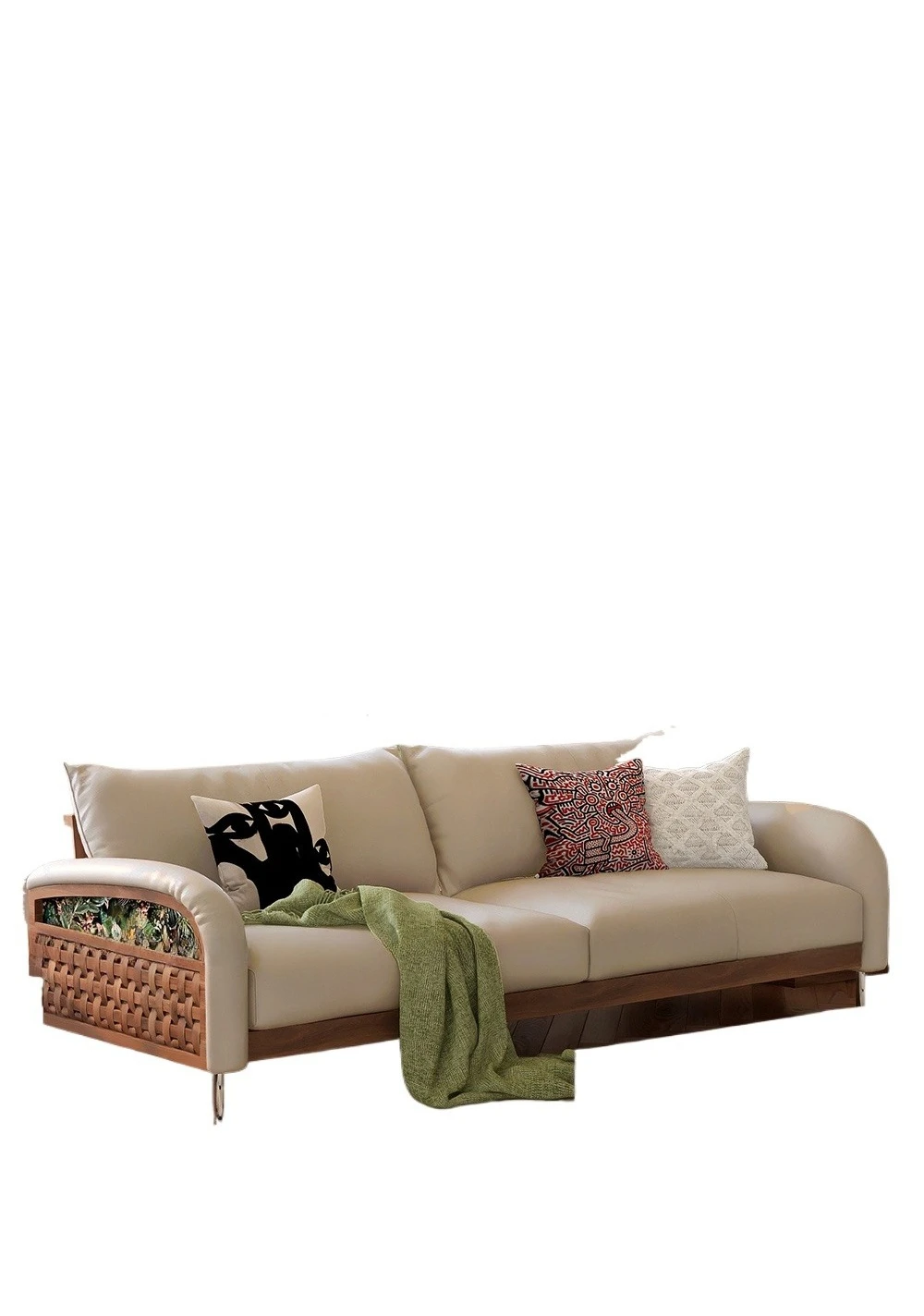 

French cream style leather cloud sofa modern small apartment medium retro style living room rattan solid wood sofa