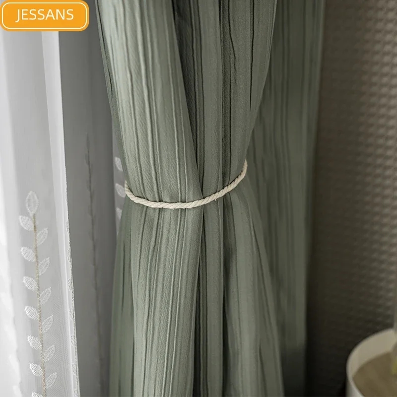 

2024 New Light Luxury Matcha Striped Blackout Curtains for Bedroom Living Room Custom Finished Partition Curtain