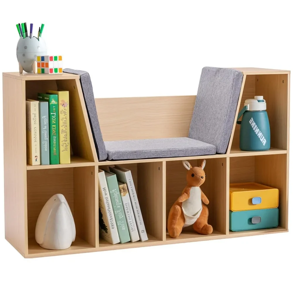 

6-Cubby Kids Bookcase with Reading Nook and Cushion, Multi-Purpose Storage Organizer for Bedroom, Living Room