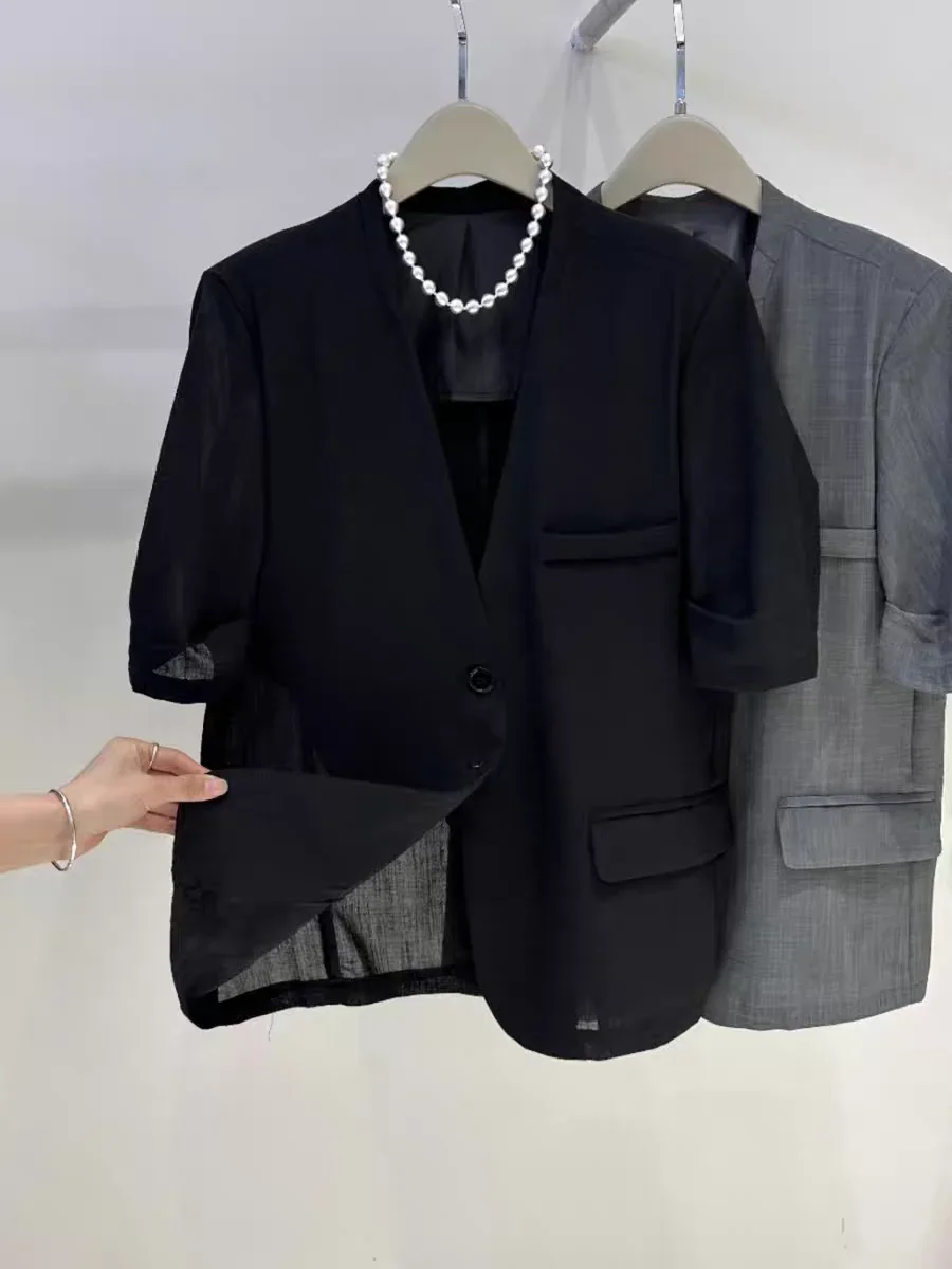 V-neck Short Sleeves Suit Jacket Simple Elegance Chic Black Grey Blazer Outerwear Commute Ladies Office Loose Solid Coat