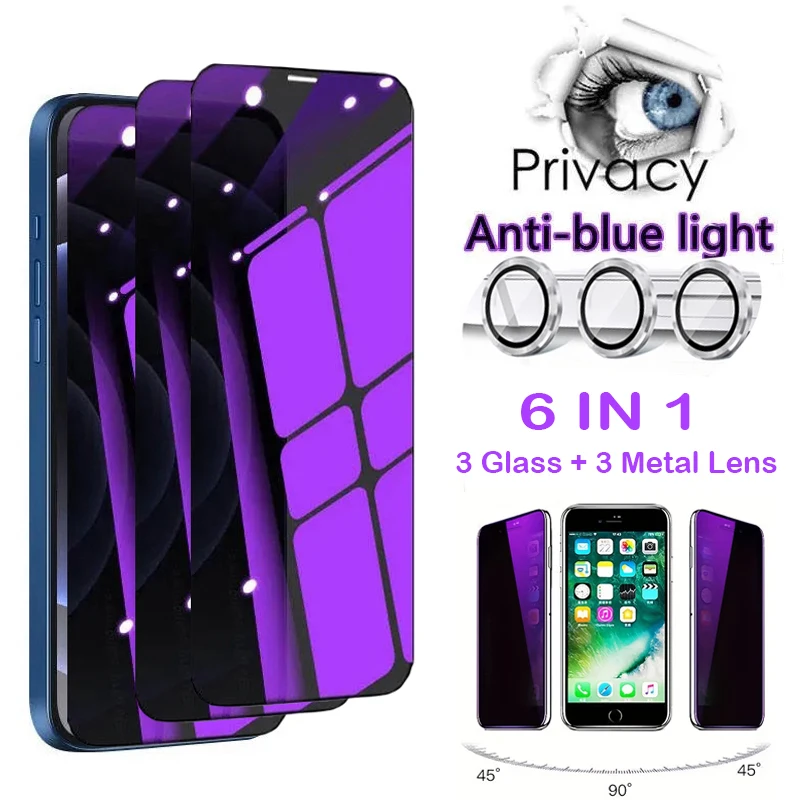 6 in1 [3 Stück lila Glas Metall Kamera objektiv] Anti-Blue Ray Sichtschutz für iPhone 11 12 13 Mini 14 15 plus Pro max