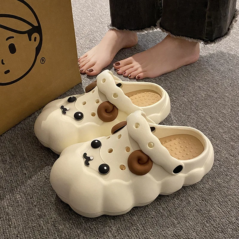 Cute Curly Wool Little Sheep Hole Shoes for Women Summer Outwear Soft Sole Feet Stepping EVA Cartoon Baotou Cool Slippers