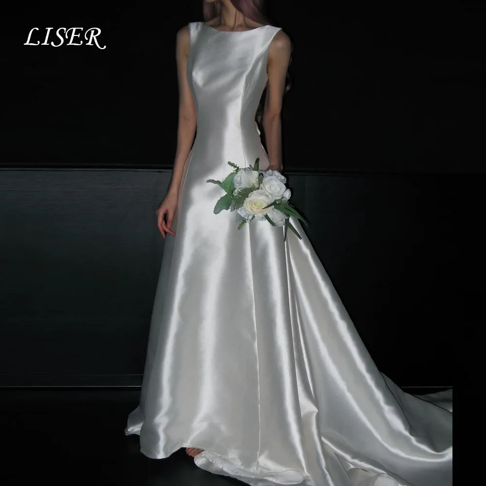 Liser O-Neck A-Line Korea Wedding Dresses Simple Satin Silk Flowers Elegant Backless Bridal Gown Customized robe de mariée