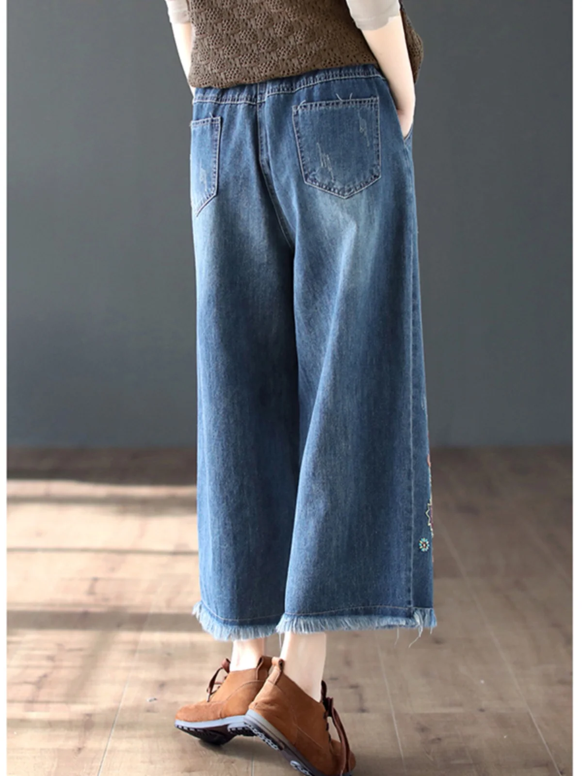 Floral Embroidery Retro National Style High Waist Jeans Female Spring Summer Casual Loose Tassels Denim Trouser Women's Clothing