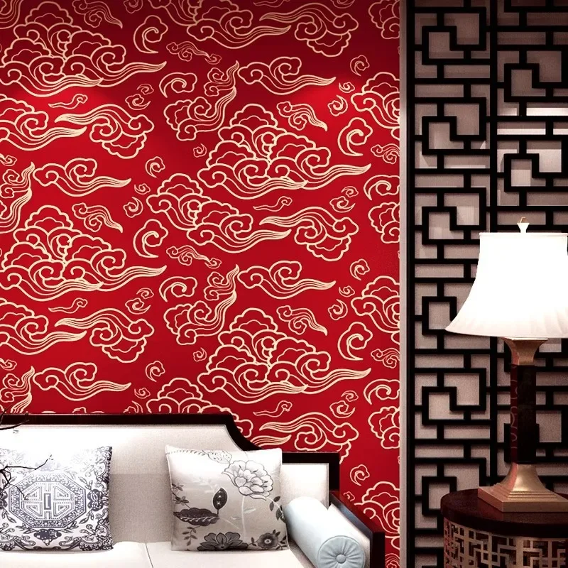 New Chinese Style Wallpaper Self-adhesive Xiangyun Hotel Restaurant Sticker Hotel Bright Red Wall Sticker