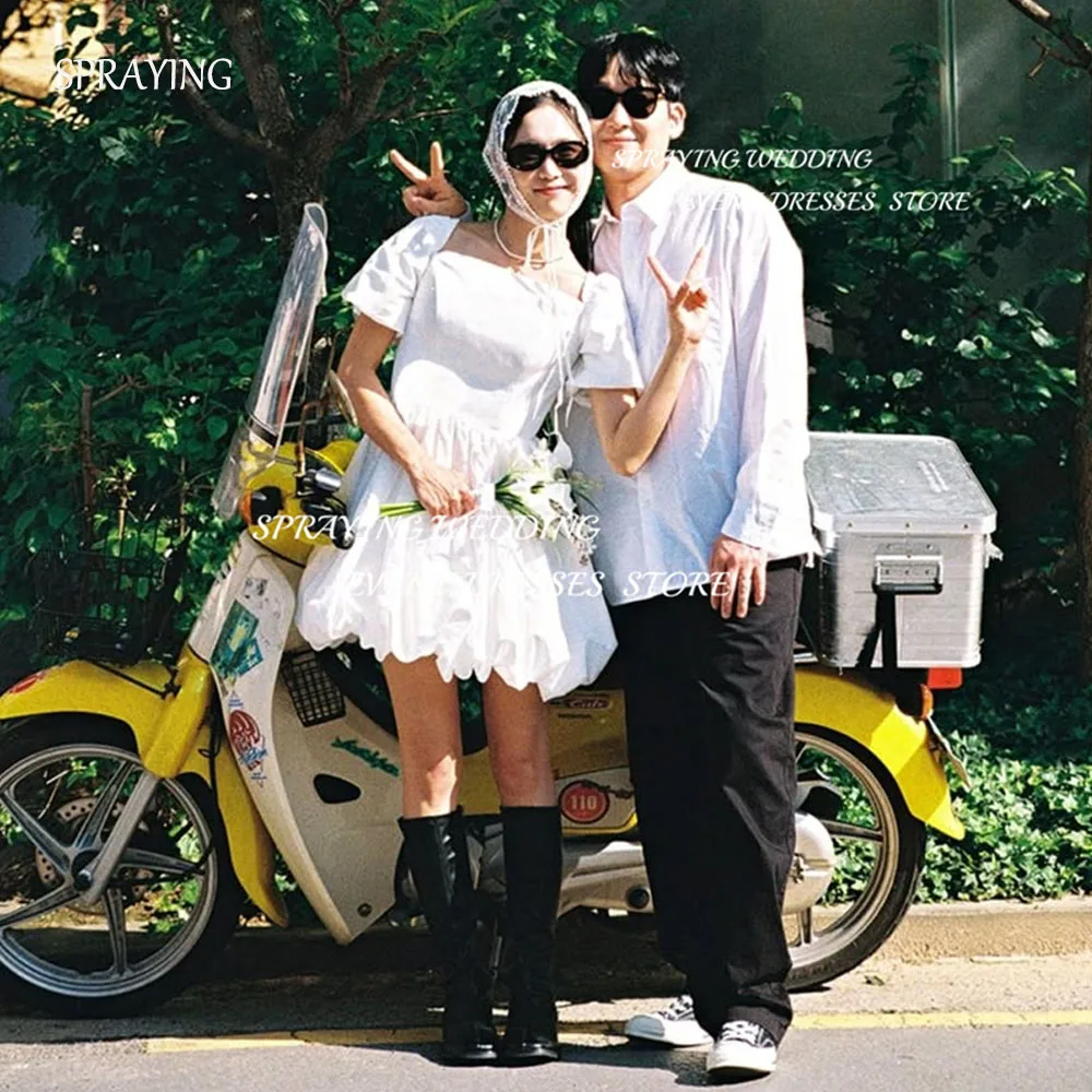 

SPRAYING Ivory Taffeta Mini Short Wedding Photo Shoot Dresses Short Sleeve Above Knee Corset Korea Bridal Gowns 웨딩드레스 Customized