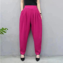 2024 Spring Summer Women's Solid Color Spliced Ruched Elastic High Waisted Pockets Loose Breathable Korean Commute Harun Pants