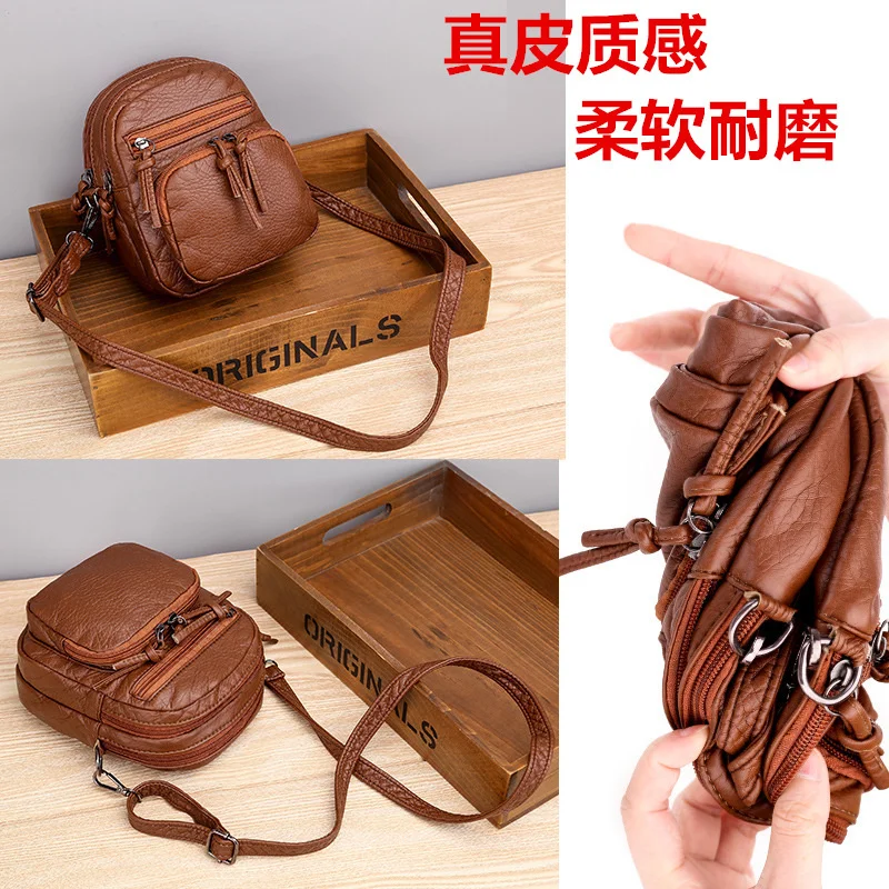 New Soft Leather Single Shoulder Bag 2024 Multi Layer High Capacity Mobile Phone Bag