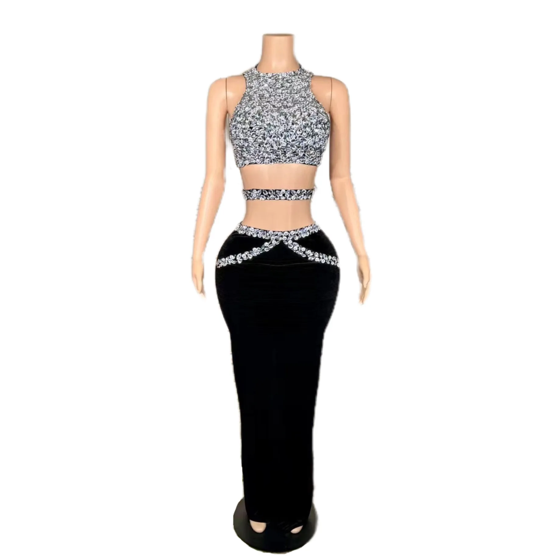 

Electronic Music Festival Sexy Costume Women's Silver Short Vest Package Hip Skirt Suit Navel-Exposed Party Dinner Dress