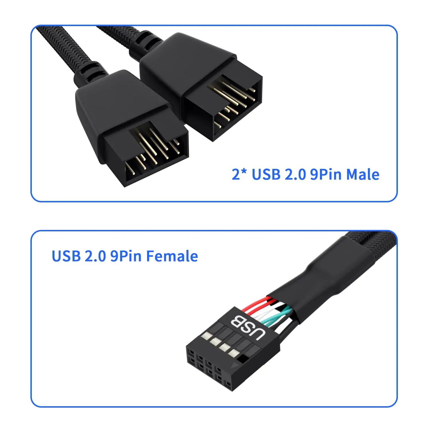 2 Pack Motherboard USB 2.0 to Dual 9 Pin Extension, USB Header Splitter for Internal Computer Motherboard