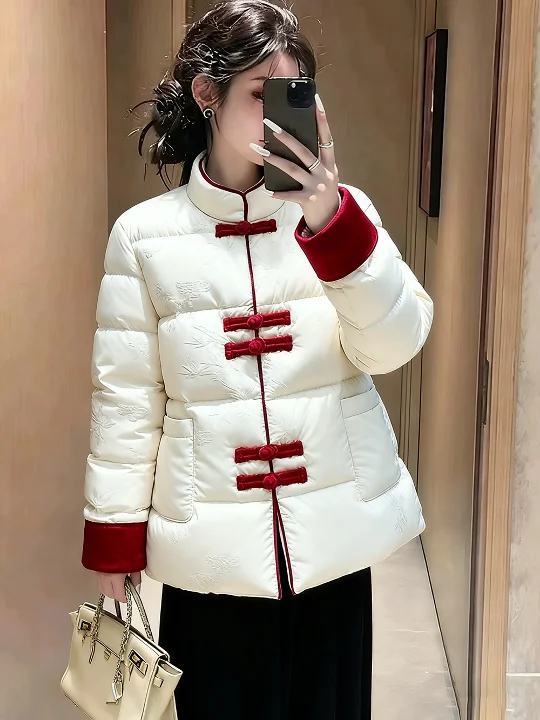 

Korean Sle ort Thiened Warm White Cotton Jaet New Chinese National Sle Winter Clothes Commute Straight Tube Long Sl...