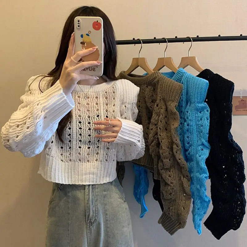 Loose Hollow Out Sweaters Women Simple Cropped Chic Leisure Korean Style Fashion Cozy Streetwear All-match Gentle Knitwear Y2k