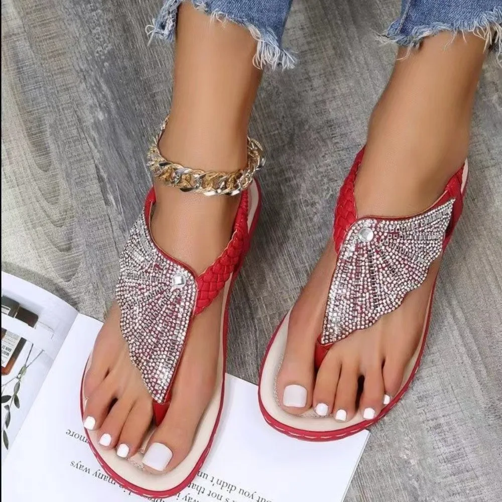 

Womens Flip Flops Summer Shoes 2026 Glass Embellished Woven Beach Sandals Fashion