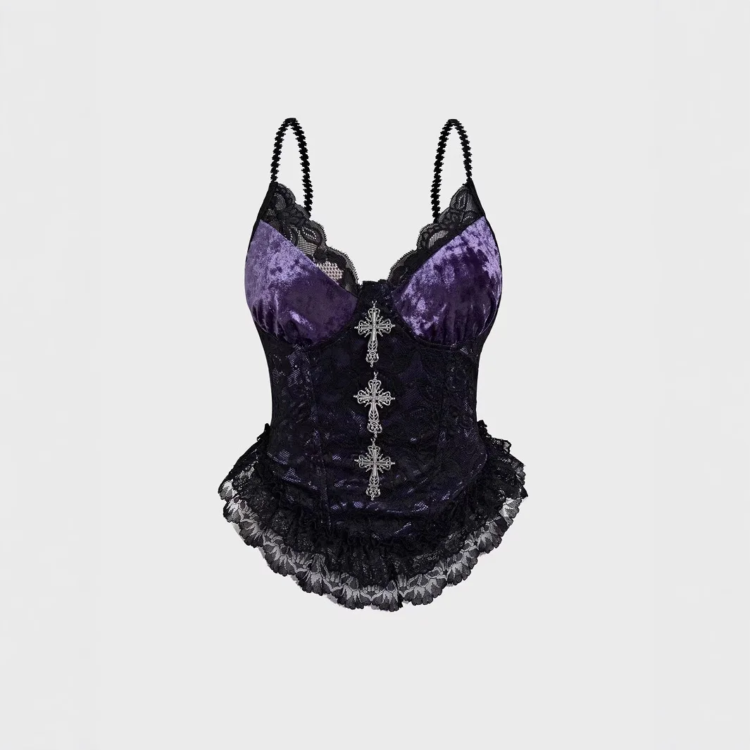 

New Gothic Lace Corset Top Sexy Purple Velvet Tank Top Women Sleeveless Ruffle Y2K Camisole Clubwear Aesthetic Grunge Style