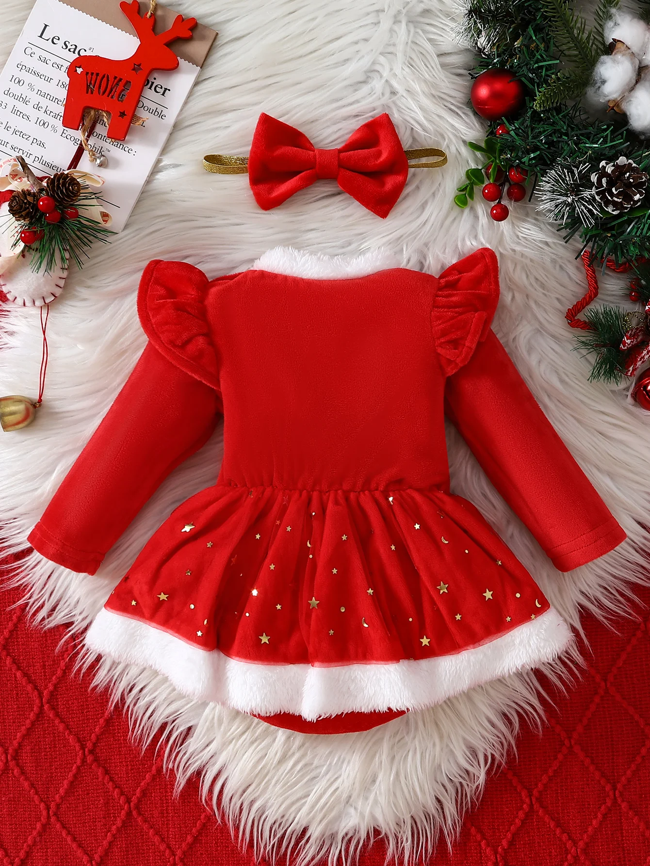 عيد الميلاد طفلة لطيف الجلد المدبوغ خياطة شبكة فستان الأميرة، طفلة طويلة الأكمام الأيائل خياطة نجوم فستان شبكي زي الحفلات