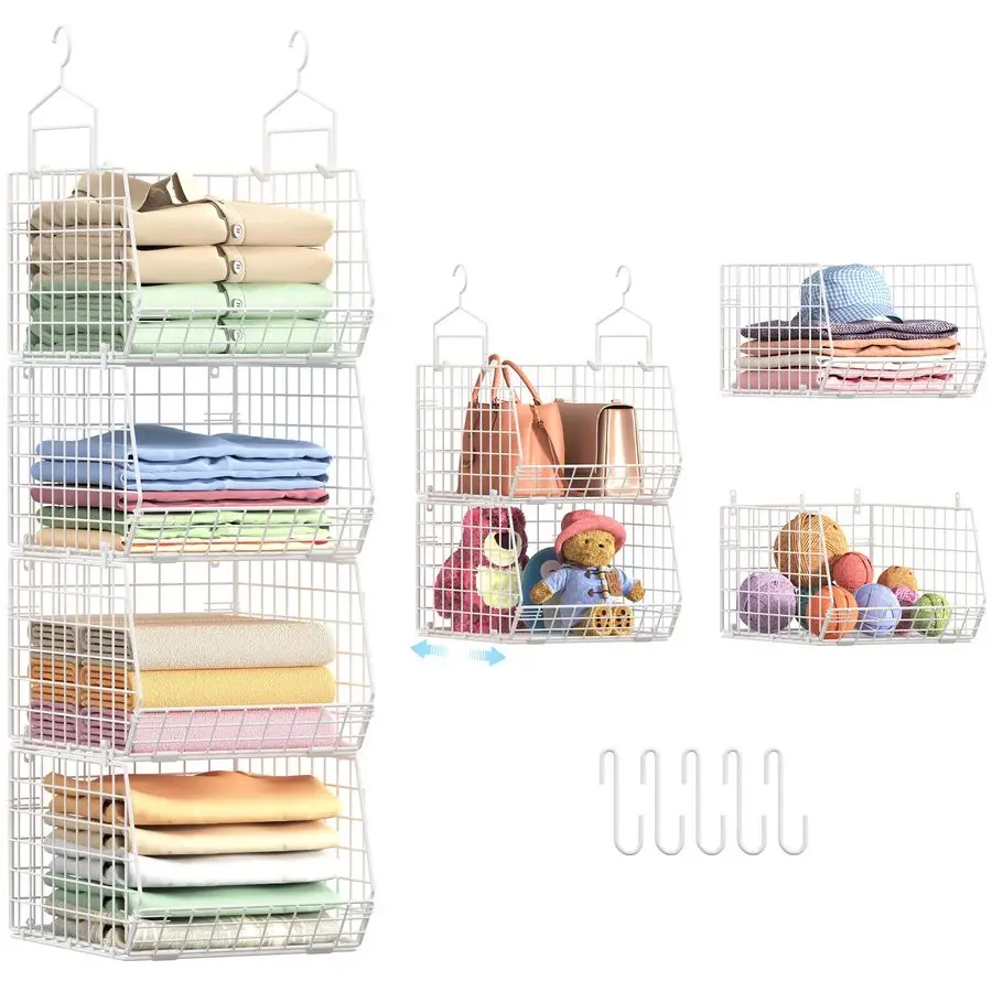Extra Deeper Foldable Hanging Closet Organizer, Small Wire Cabinet Shelves and Storage with 5 S Hooks,4 Tier Metal Basket Bins f