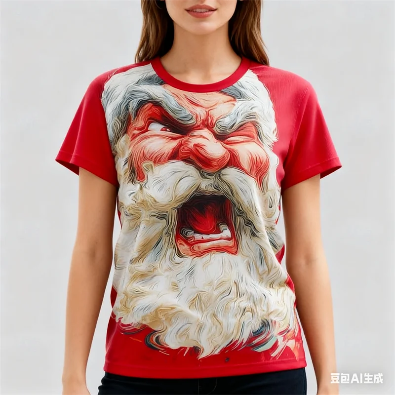 

Funny Women's T-Shirt 3D Santa Claus Print O-Neck Tee Exaggerated Designer Party Short Sleeve Tops Summer Casual Female Clothing