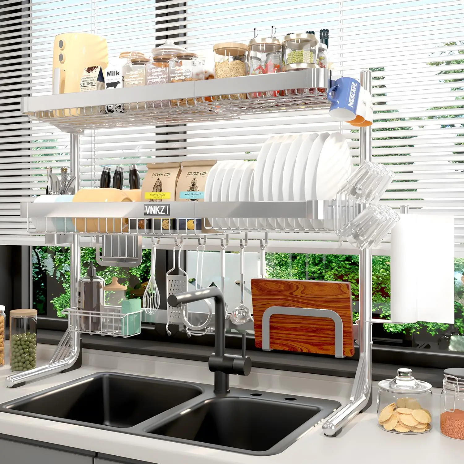 

Трехуровневая сушилка для посуды из нержавеющей стали над раковиной, регулируемая по длине, кухонный органайзер большой вместимости