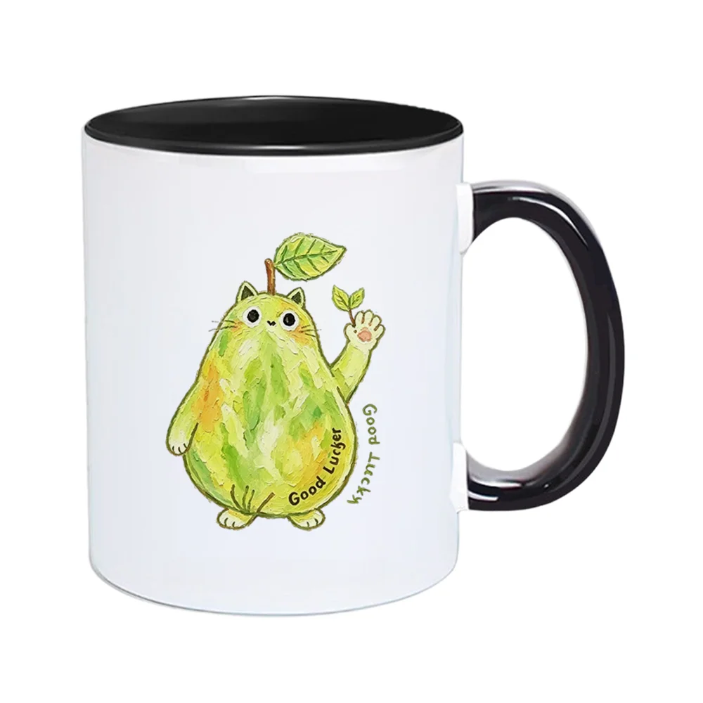 11oz Green Cat with Leaves Ceramic Coffee Mug Good Luck Printed Tableware for Birthday Party Summer Holiday Present Home Use Out