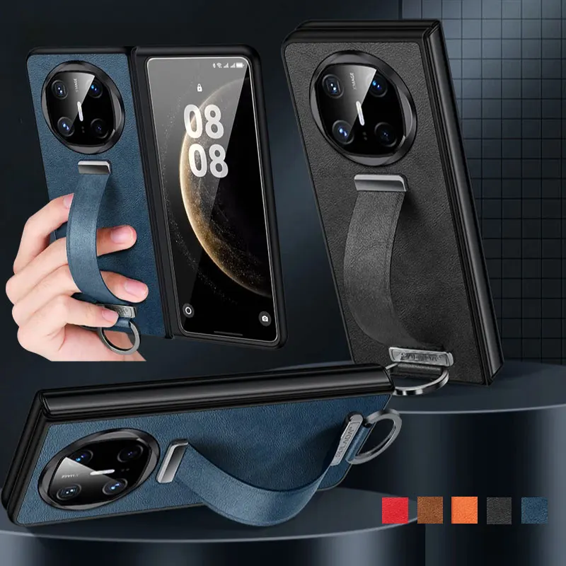 

Роскошный кожаный чехол для Huawei Mate X6, чехол с портативным браслетом, ремешком на руку, подставкой, металлическим кольцом-держателем, чехол для Mate X6