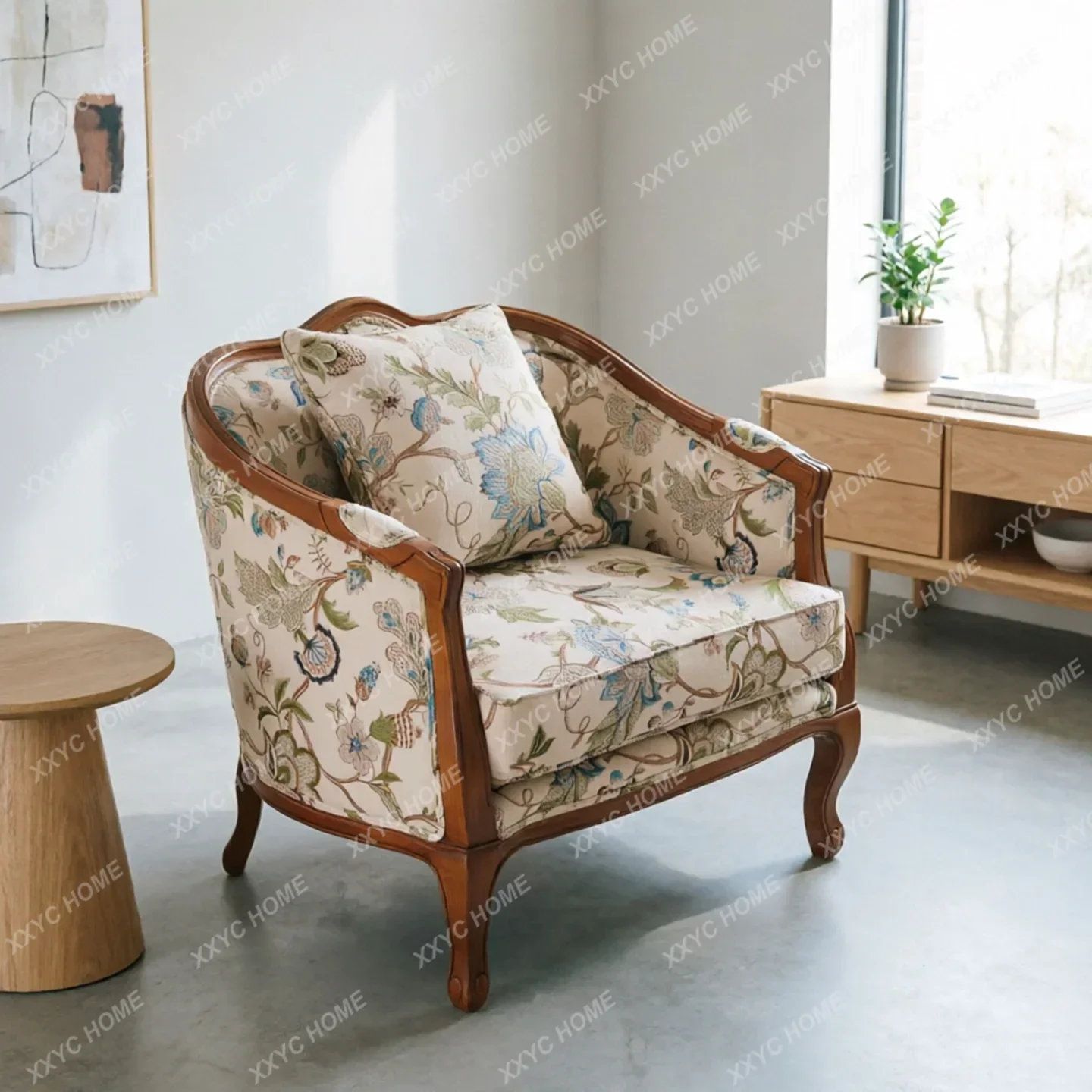 

X36 Pastoral Style Retro Solid Wood Fabric Living Room Sofa Single Double Triple Simple Balcony Bedroom Leisure Chair