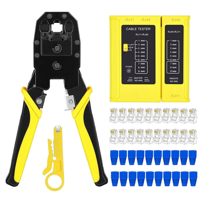 RJ45 Crimp Tool Kit With 20PCS Cat5 RJ45 Connectors, 20PCS Strain Relief Boots, 1 Mini Wire Stripper 1 RJ45 Cable Tester