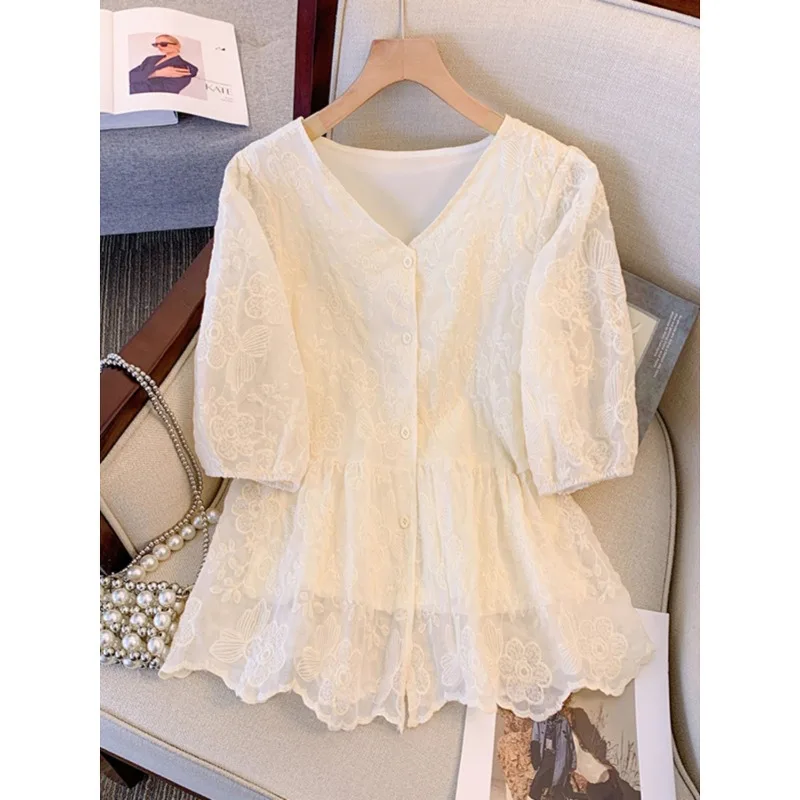 Women\'s Polo Collar Summer New Sweet Elegant Solid Color Patchwork Lace Hollow Out Short Sleeve Cardigan Button Loose Shirt Tops