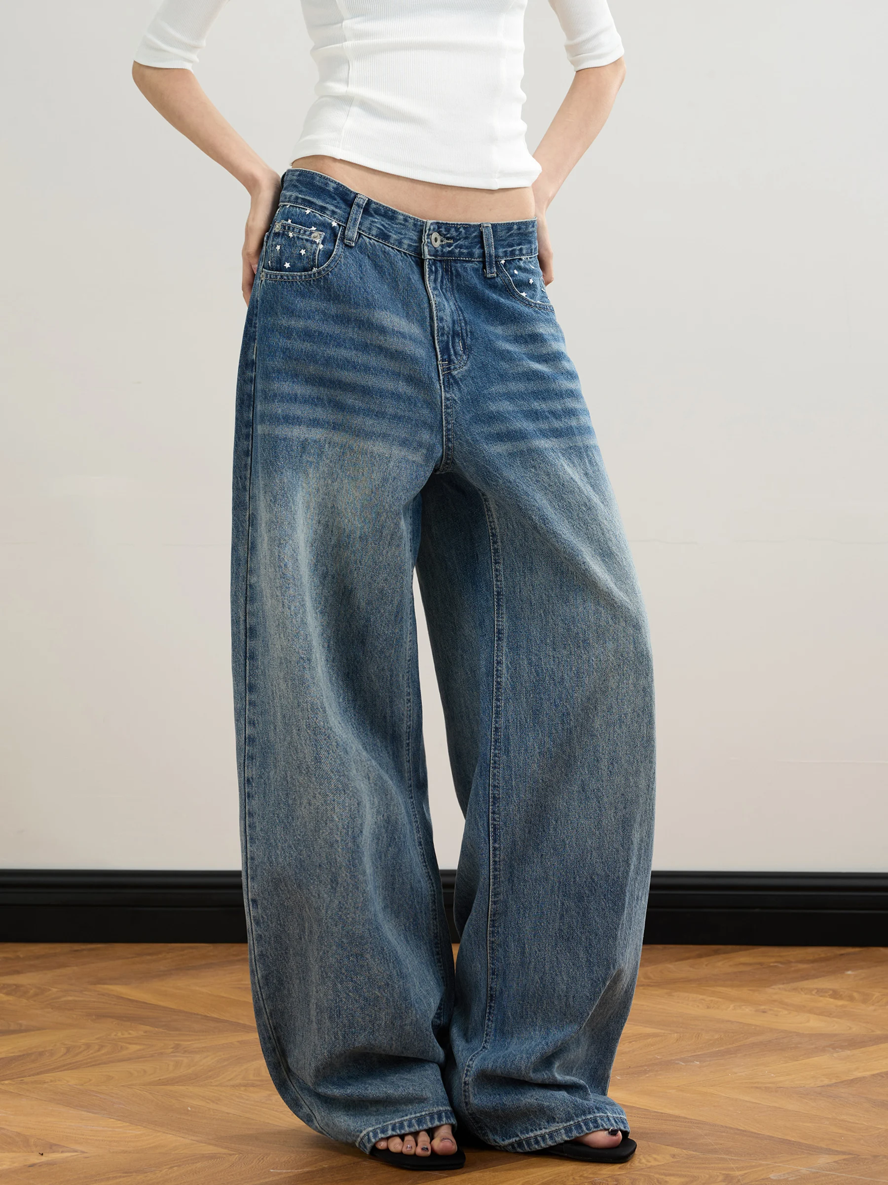 

JUNECUT Vintage Waed Denim Pants Loose Straight Leg Floor-Length Polka Dot Star Pattern Women's High Waist Jeans