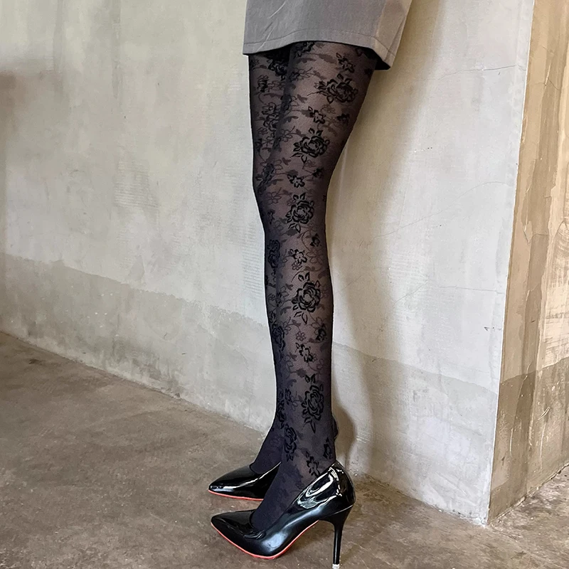 Black Floral Sheer Tights Women 2026 Spring Thin Sexy See Through Slim Pantyhose y2k Style Long Stocking