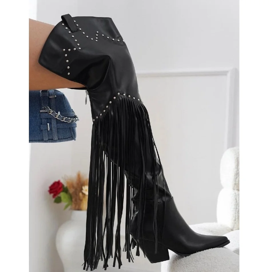 Tassels Decor Thigh High Boots Matte Leather Rhinestone Shoes for Women Chunky Heels Fashion Shoes 2024 Zapatos Para Mujere