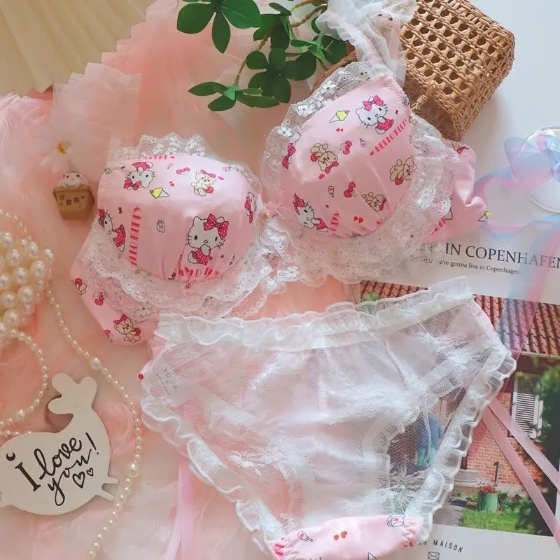 Pink Hello Kitty Sweet And Cute Girl Underwear Bra & Panties 2 Pcs Sets Y2k Lace Edge Sexy Chest Gathering Lingerie Bra Set