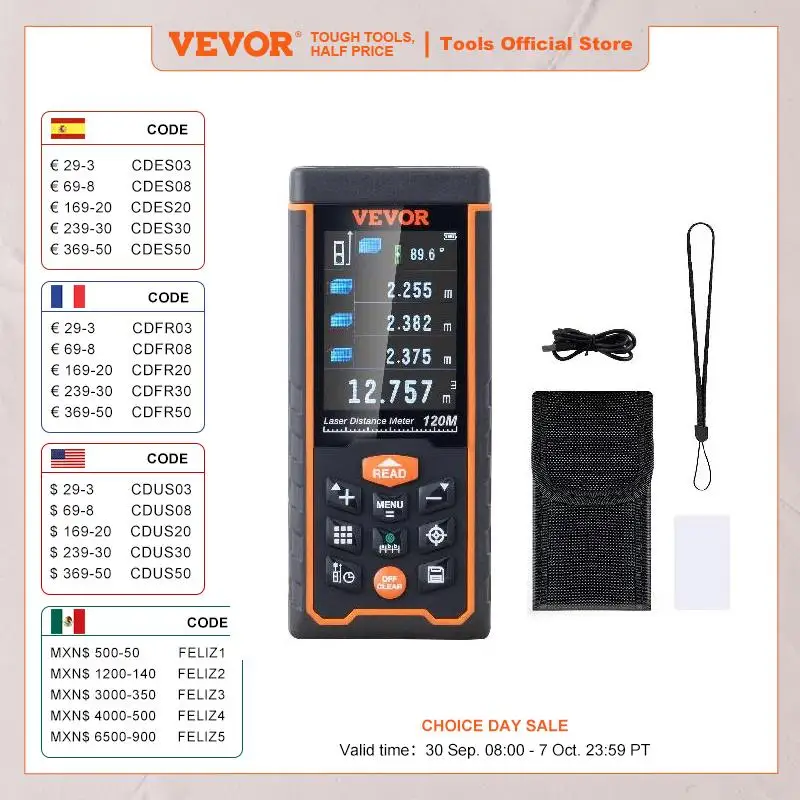 VEVOR Laser Measure 400 ft ±1/16'' Accuracy Laser Distance Measure Laser Meter Pythagorean Mode Measure Distance Area and Volume