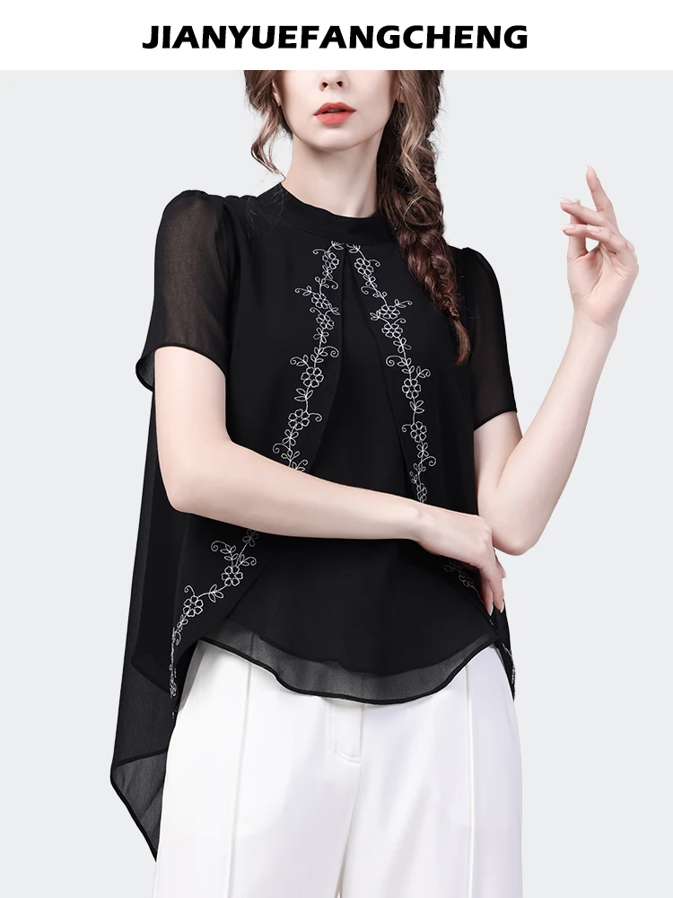 2024 Summer Design Short sleeved Black Chiffon Cloak Top Women\'s Embroidered Bottom Casual Blouses Western Style Shirt