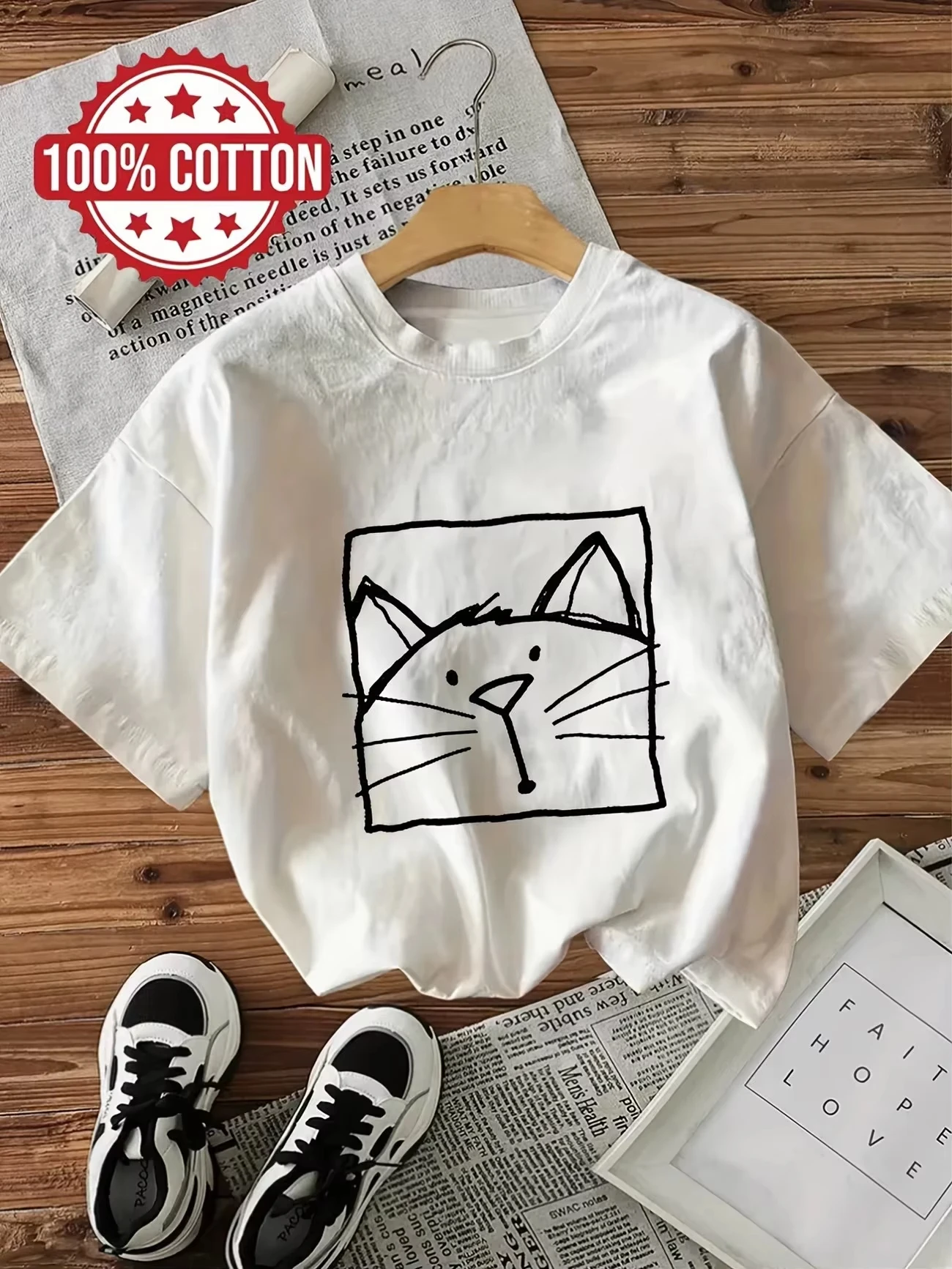 Unisex Doodle Cat Sketch Graphic T‑Shirt Simple Line Art Print Short Sleeve Crew Neck Casual Oversized Daily Streetwear Tee