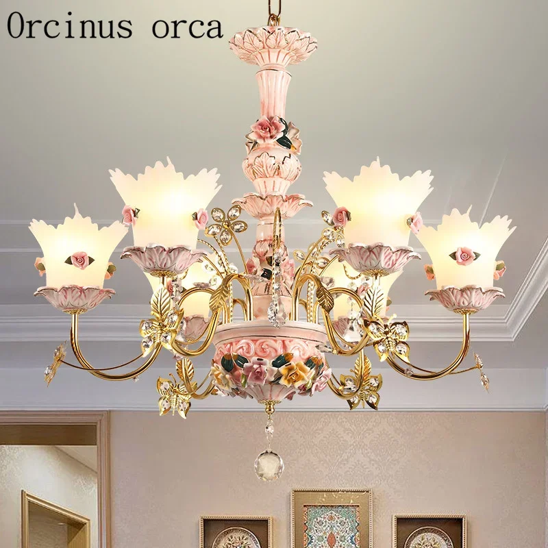 French luxury crystal chandelier living room bedroom Princess Room children's room European pink flower ceramic Chandelier