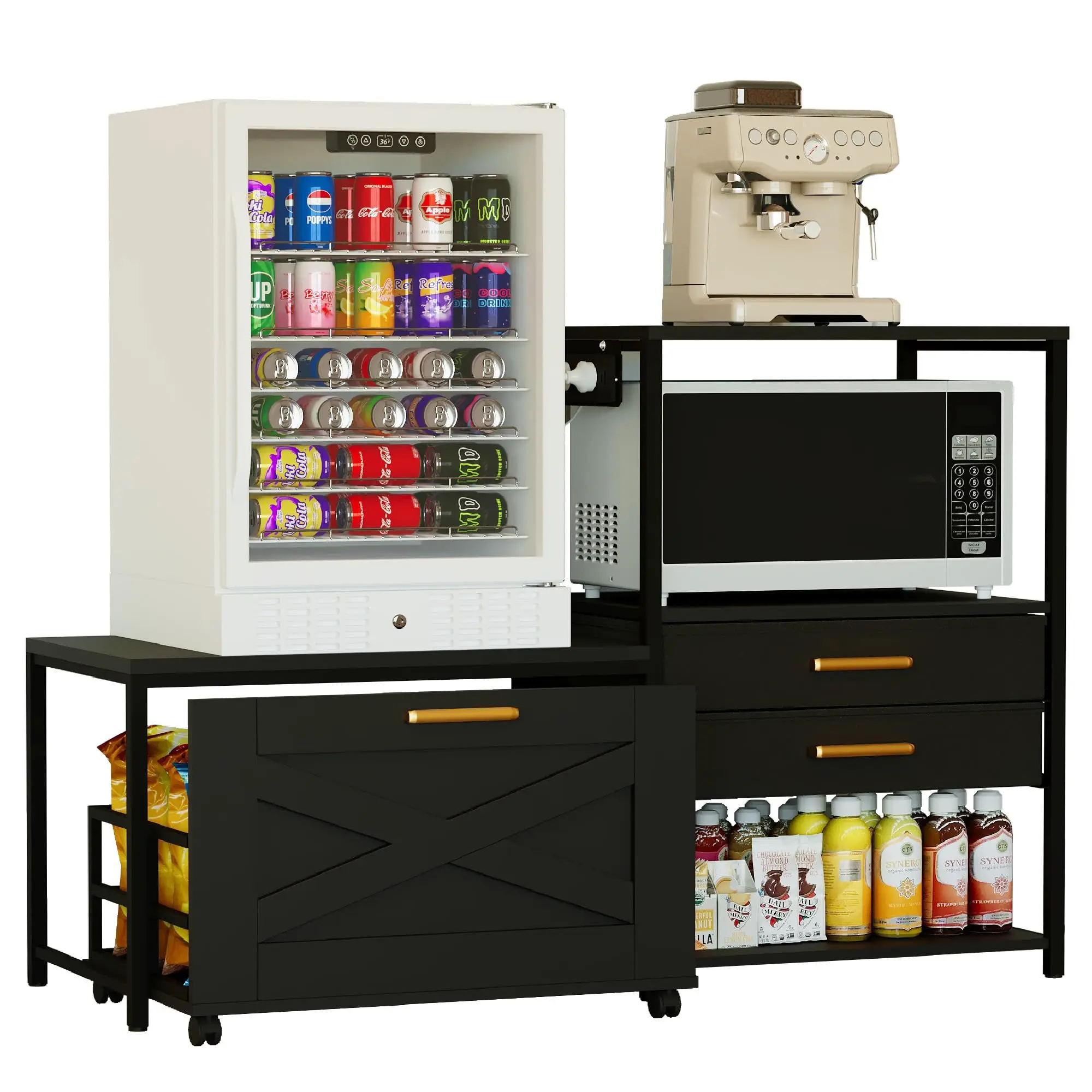 Mini Fridge Stand with Storage, Farmhouse Microwave and Mini Fridge Stand with Power Outlet & Cabinet, Kitchen Bakers