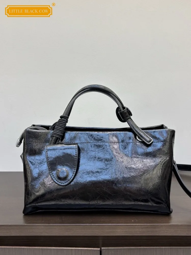 Fashion Women Oil Wax Cow Genuine Leather Shoulder Bag Elegant Office Ladies Totes Handbag Vintage Designer Strap Crossbody Bags