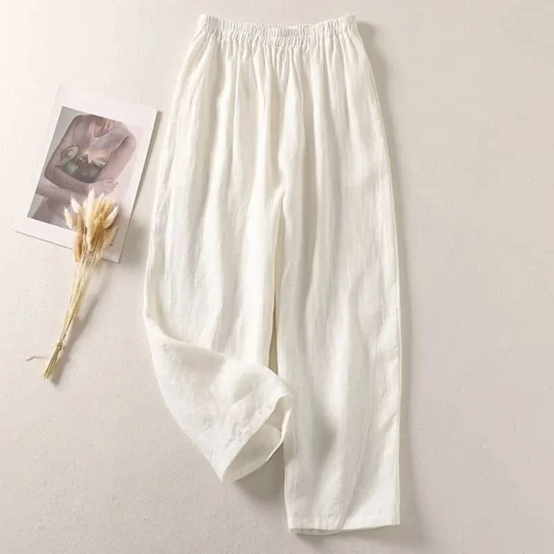 

Pop Cotton Linen Pants For Women Solid Loose Casual Vintage Summer Thin New Korean Style Literary Elastic Waisted Harem Pants Wo