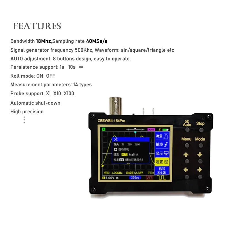 

Digital Oscilloscope DSO154Pro 2.4inch Screen 40M Sampling Rate 1M/18MHz Analog Bandwidth Support Signal Generator