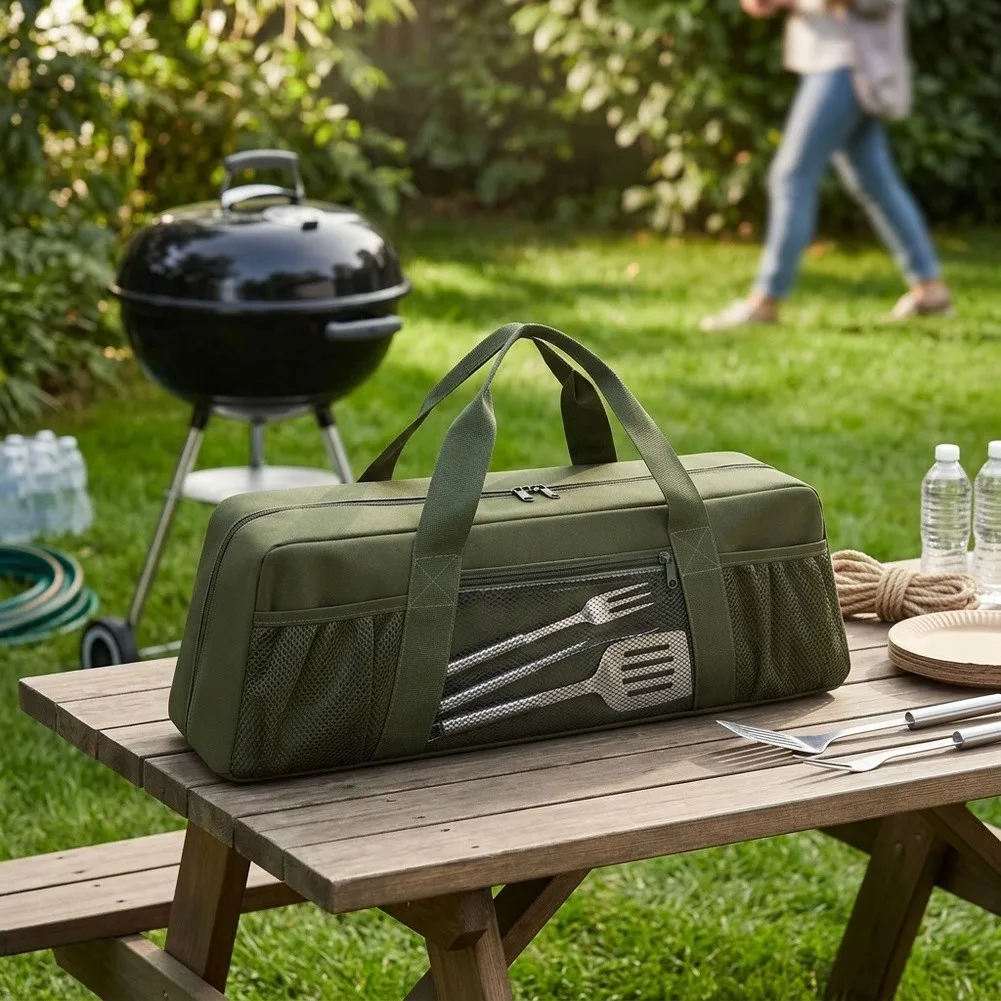 22x6.5 Inch BBQ Tool Storage Bag With Pockets Portable Grill Organizer Caddy For Outdoor Camping Picnic Accessories Green