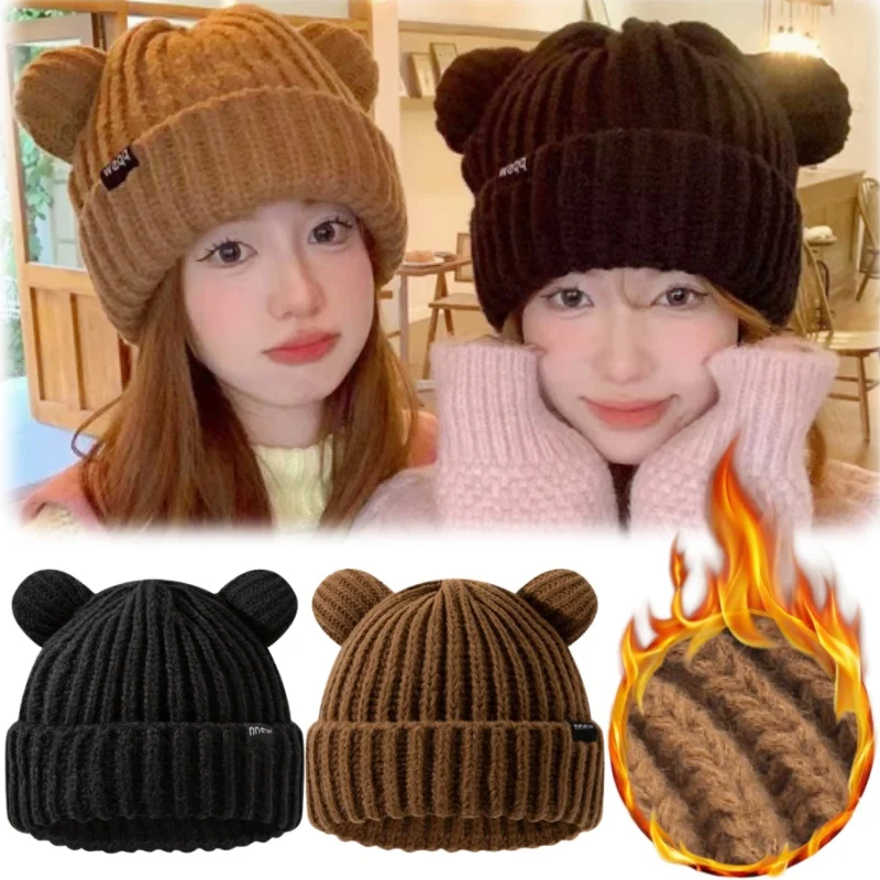 

Cute Knitted Bear Ear Beanie Women Winter Korean Loose Warm Earflap Hat Soft Yarn Cap for Ladies Cozy Outdoor Accessories