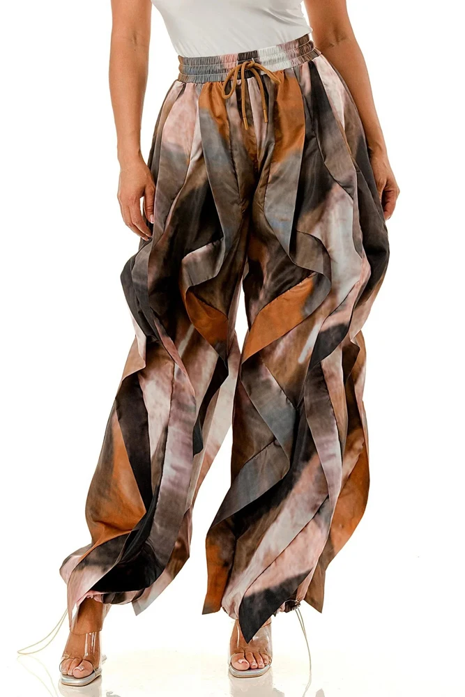 Modische Damen 3D-Rüschen-Weitbein-Hose Streetwear Abstrakter Marmor-Print Elastischer Kordelzug in der Taille Leicht Dehnbare Cargo-Hose – Detail 9