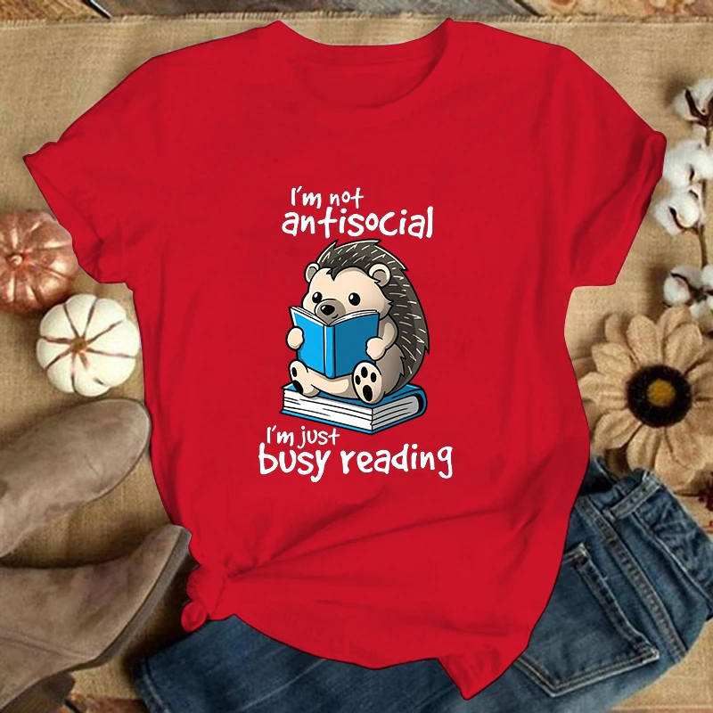 Hedgehog I'M Not Antisocial I'M Just Busy Reading Print T-Shirts For Women Summer Short Sleeve Round Neck