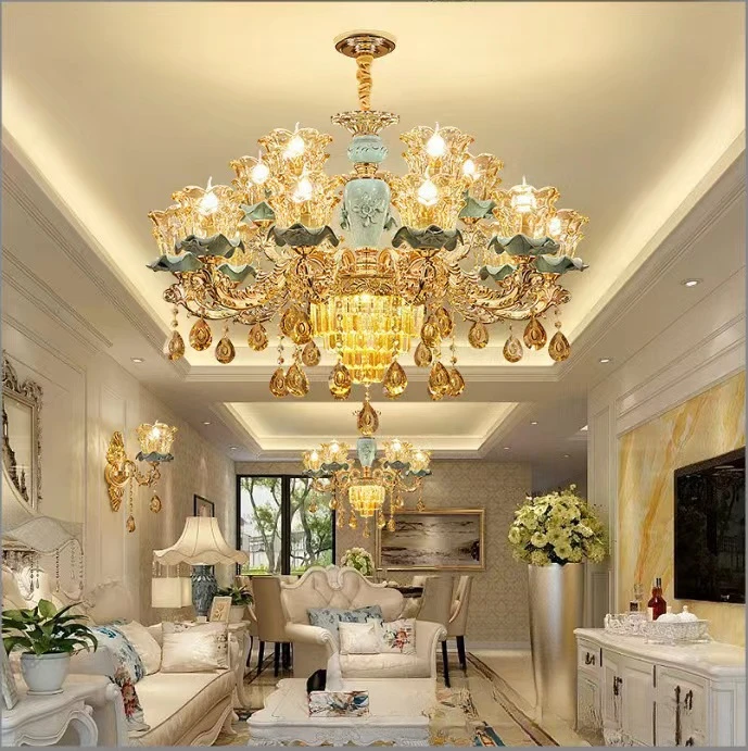 

European-style living room, light luxury crystal chandelier, atmospheric villa, master bedroom, dining room