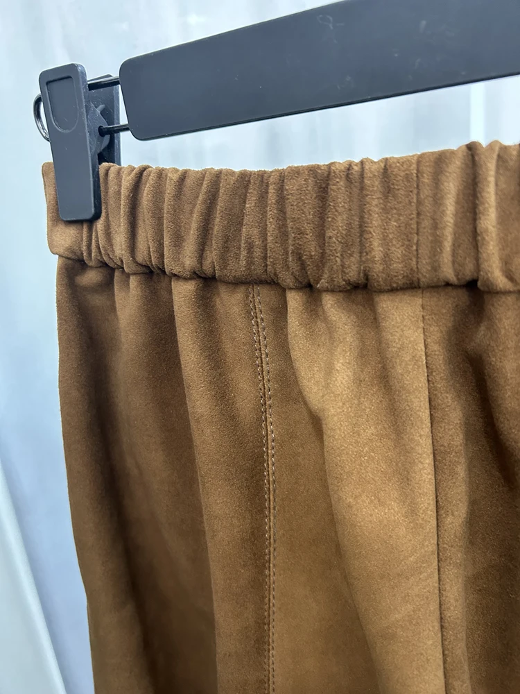 Retro 2025 Leather Ankle-Length Pants Women Elastic Waist Suede Sheepskin Wide Leg Length Straight Cylinder Trousers Black brown