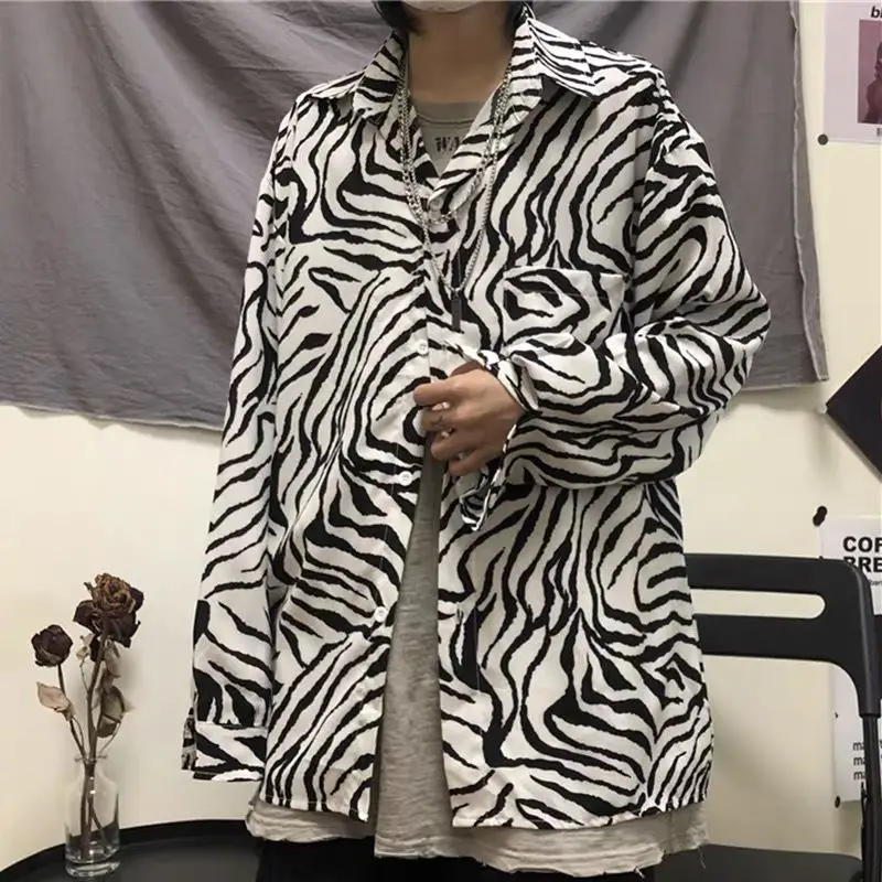 

Large Size 300 Pounds Zebra Pattern Long Sleeve Men's Shirt Spring Summer Color Block Design Youth Outerwear Casual Breathable