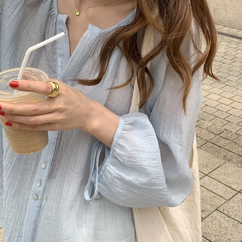 Summer New O-neck Lantern Long Sleeve Chiffon Blouse Super Thin Sun Protection Shirt Korean Loose Blouse Chemise Blusas