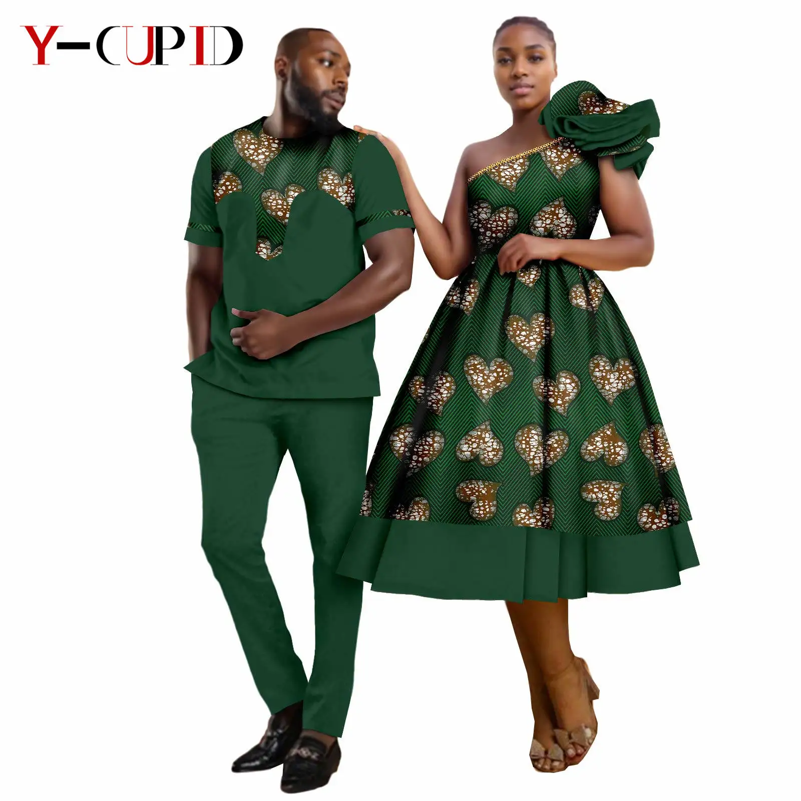 African Print Princess Tutu Dresses for Women Matching Couple Clothes Men Outfits Top and Pant Sets Dashiki Party Wedding 24C088