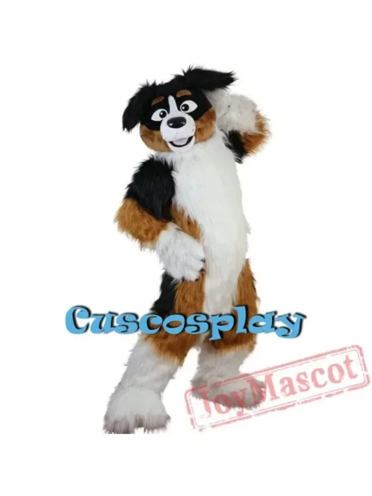 Weihnachtliches Braun-Weißes Langhaariges Husky-Hund-Wolf-Fuchs-Fursuit-Maskottchen-Kostüm für Erwachsene, Cartoon-Charakter-Anzug für Rollenspiele und Messen