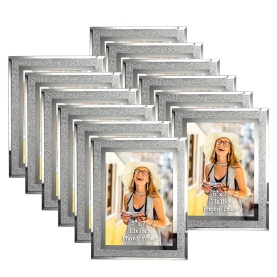 

12 Pack 5x7 Sparkle Glass Picture Frame, Glitter Edge Photo Frames for Tabletop, Horizontal or Vertical Display